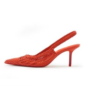 ZARA | Woven Coral Red Slingback Sandal NWOT Kitten Heel 39